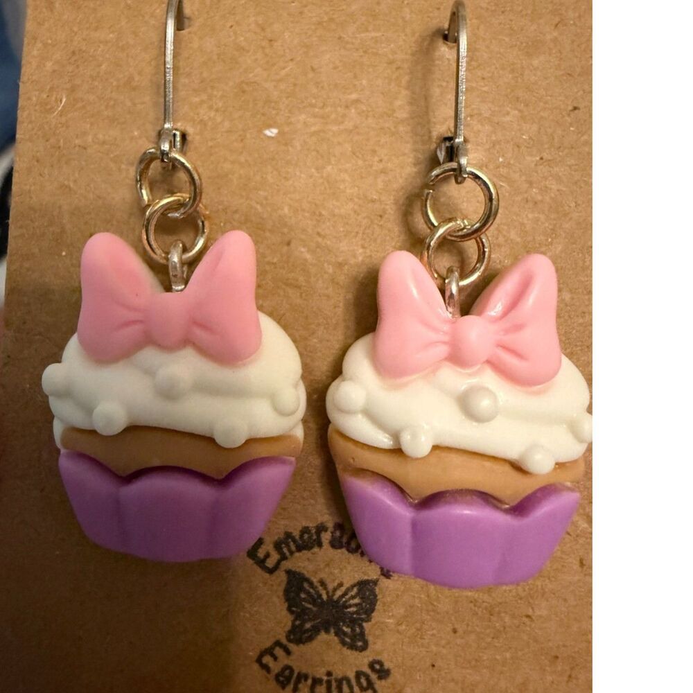 Handmade Pink Bow Cupcake Dangle Earrings